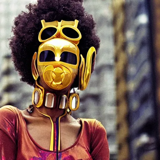 Image similar to afrofuturist woman in a crowded street wearing gold jewelry and a mask that covers the whole face, simple, cyberpunk, far shot, full body shot, 1970s X-Men art style