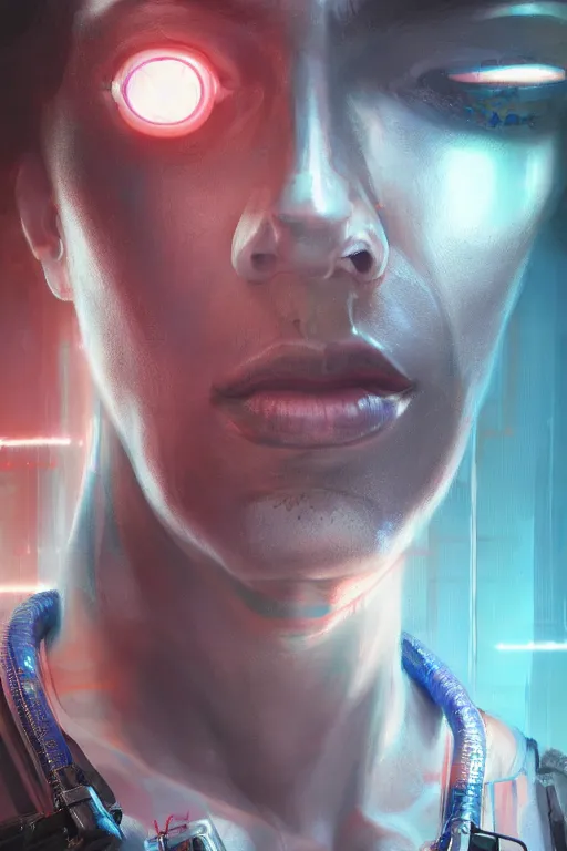 Image similar to illustration of an male cyberpunk character wearing bionic implants, criminal mugshot, highly detailed, oil on canvas, soft lighting, neon pastel colors, by WLOP and Greg Staples, HD, 4K