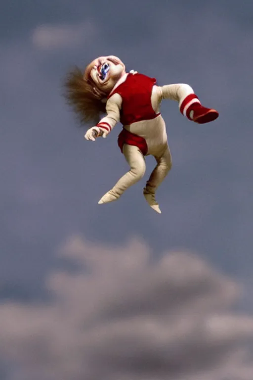 Prompt: screaming chucky doll performing high dive at olympics