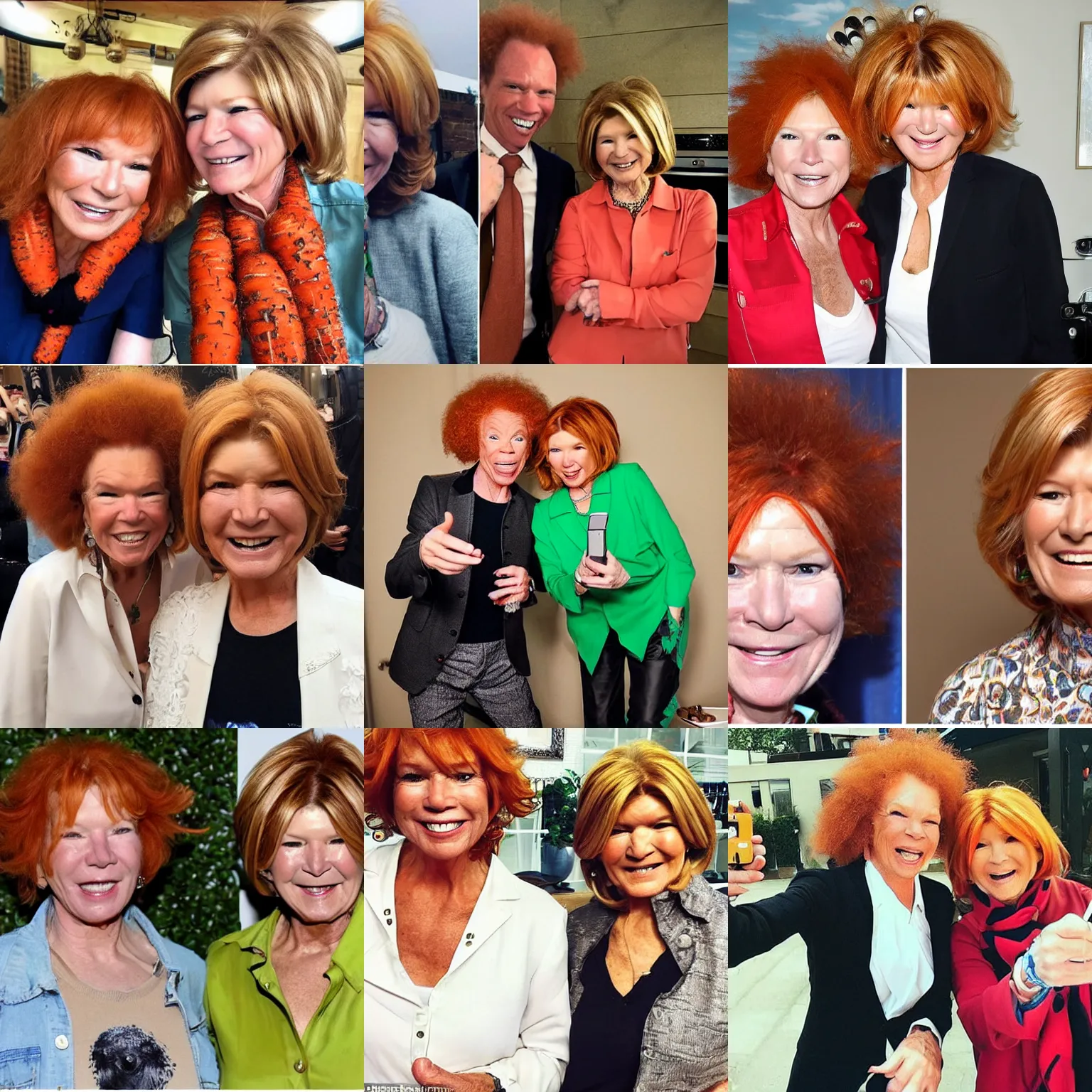 Prompt: Carrot Top and Martha Stewart are twins, selfie, shot on iphone, 10k likes on Twitter, having fun