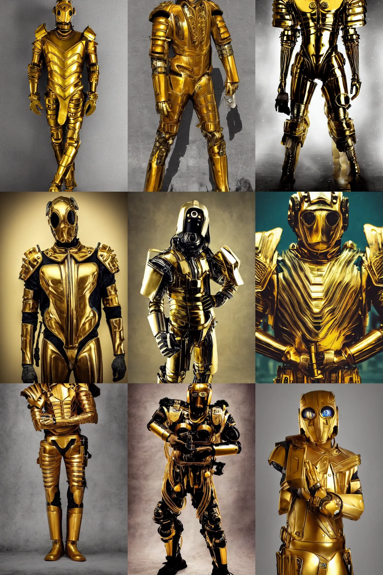 Prompt: beautiful photo of a golden armor Art Deco cyberpunk man