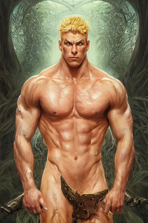 Prompt: portrait of blonde douchebag as a hulking herculean demon, forest, godlike, full body, fantasy, intricate, elegant, highly detailed, digital painting, artstation, concept art, sharp focus, illustration, art by artgerm and greg rutkowski and alphonse mucha