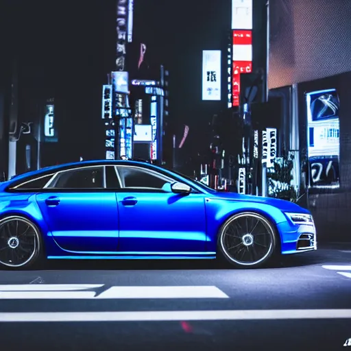 Prompt: photo of a dark - blue audi a 7 sportsback designed by aaple at night driving fast through a shibuya, cinematic, 4 k, long exposure photography, tokyo drift, fast and furious, kodak portra 4 0 0