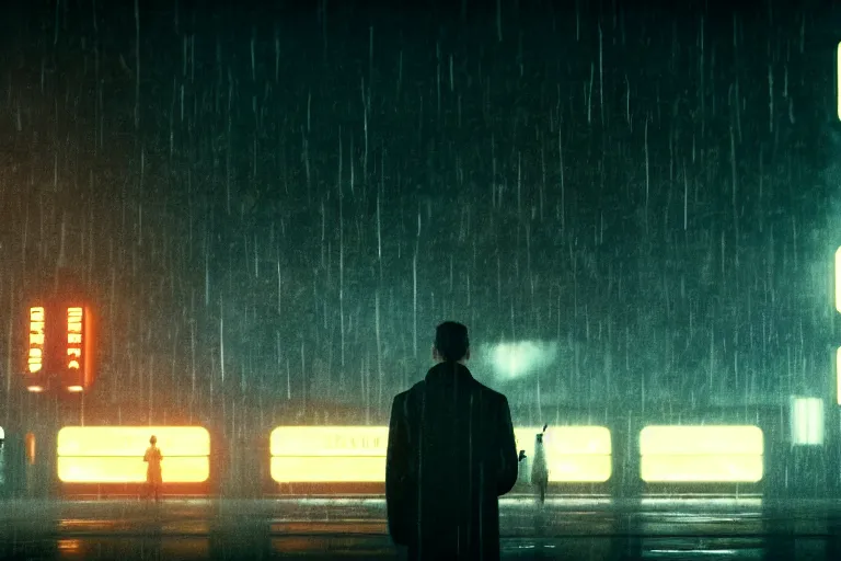 Prompt: film still of closeup drama in blade runner 2 0 4 9, train station, cinematic, moody, gritty neon noir by emmanuel lubezki