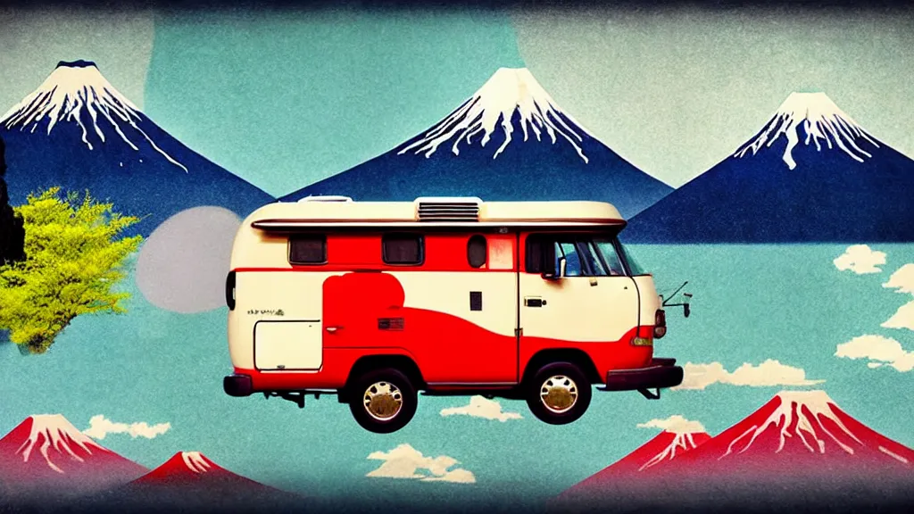 Image similar to japan various natural splendor and rural camper touring, a representational non - abstract collage painting, in the style of wes anderson, lola dupre, david hockney, isolated on negative space background bright monochrome spraypaint accents volumetric octane render