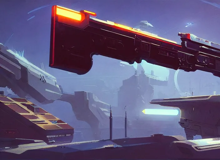 Image similar to futuristic gun on while background, style of robert mccall, syd mead, tyler edlin, wes anderson, greg rutkowski