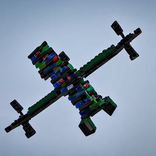 Image similar to a military drone made of legos, realistic photography, high detailed