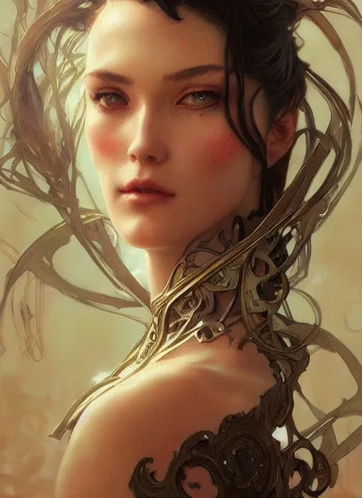 Image similar to a woman made of shining metal, beautiful high quality realistic fantasy art, trending on artstation by artgerm and greg rutkowski and alphonse mucha