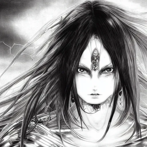 Prompt: yoshitaka amano realistic illustration of an anime girl with black eyes, wavy white hair fluttering in the wind and cracks on her face wearing elden ring armor with engraving, abstract black and white patterns on the background, noisy film grain effect, highly detailed, renaissance oil painting, weird portrait angle, three quarter view