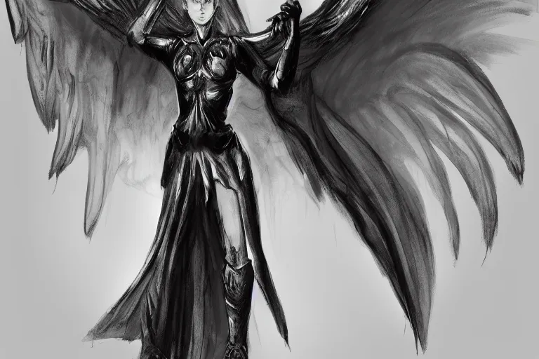 Image similar to concept art, woman angel in armor, large wingspan, dramatic pose