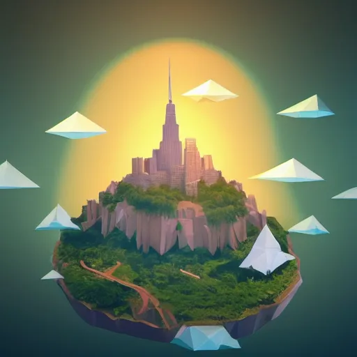 Prompt: low poly art of a round floating island surrounded by waterfalls in the sky with the skyscrapers of New York on it, isometric art, 3d render, ray tracing, high detail, artstation, concept art, behance, smooth, sharp focus, ethereal lighting, unreal engine 5