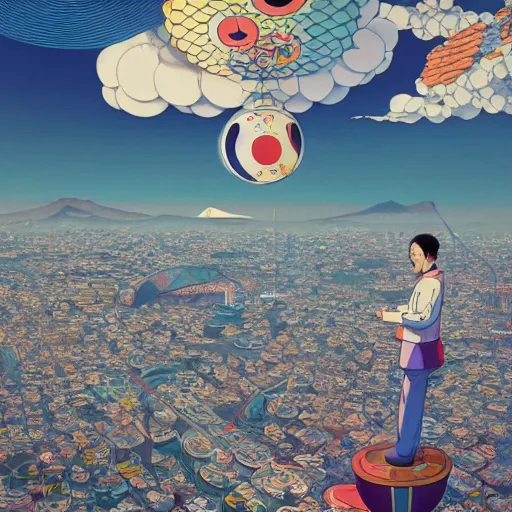 Image similar to a man walking on clouds away from the camera above kyoto by takashi murakami, beeple and james jean, aya takano color style, 4 k, super detailed, modern, 4 k, symmetrical