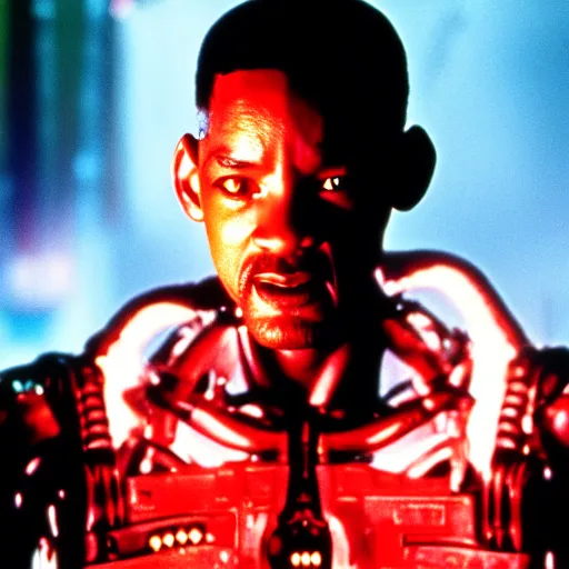 Prompt: film still of will smith as the terminator (1984 film),glowing red eyes, half exposed exoskeleton face, half cyborg, film grain, insanely detailed, 4k, photorealistic, hd