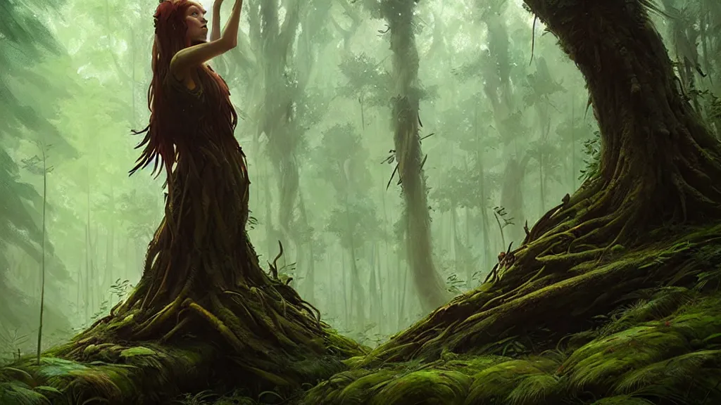 Image similar to a queen of the forest, lost in the forest, detailed digital art by greg rutkowski.