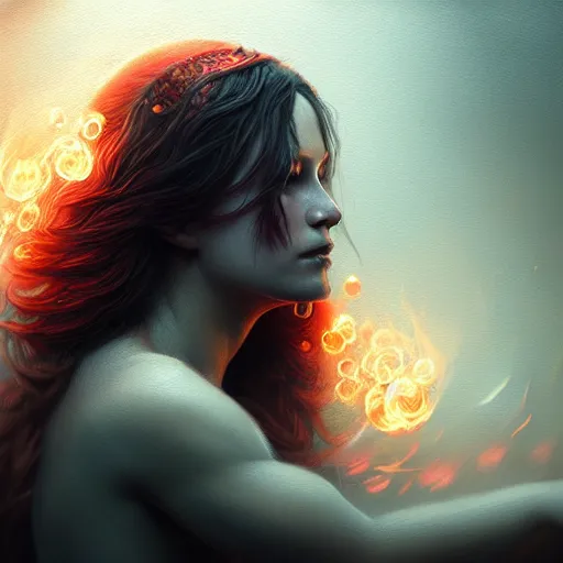 Image similar to Magician, female, fantasy, flames, rain, intricate, elegant, highly detailed, digital painting, artstation, concept art, smooth, sharp focus, illustration, octane render, art by Leesha Hannigan, Ross Tran, Thierry Doizon, Kai Carpenter, Ignacio Fernández Ríos