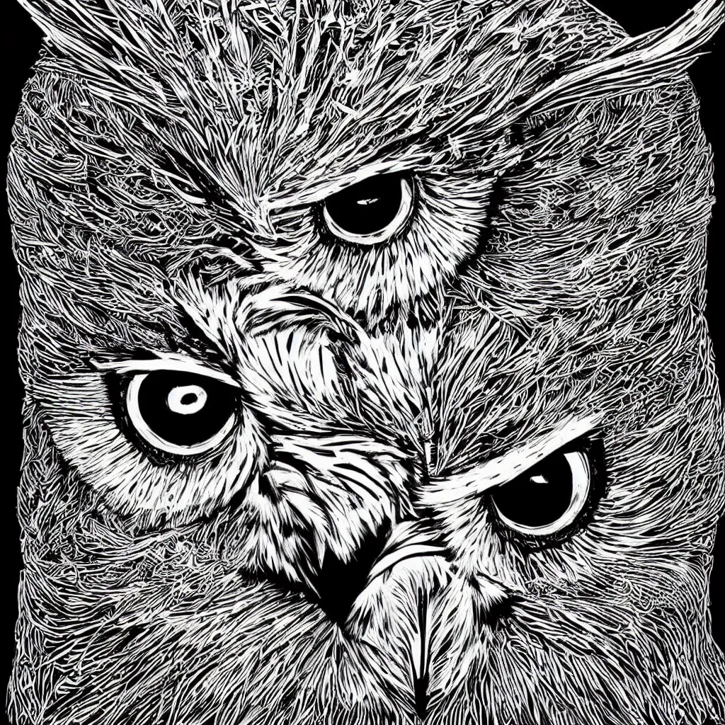 Prompt: black and white illustration head of a owl, super detailed, by dan mumford, by aaron horkey, high contrast.