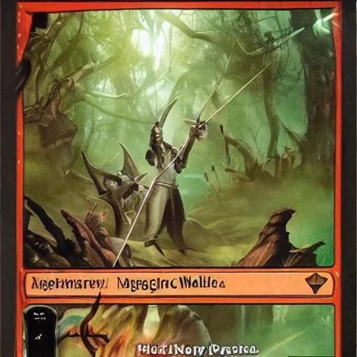 Prompt: magic the gathering card, archers in mystical forest