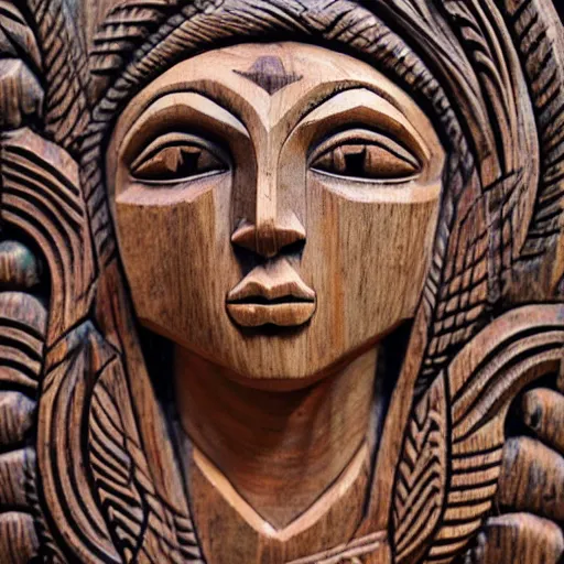 Prompt: goddess, forest, abstract, ornate, relief, wood carving, detailed, beautiful, eyes open