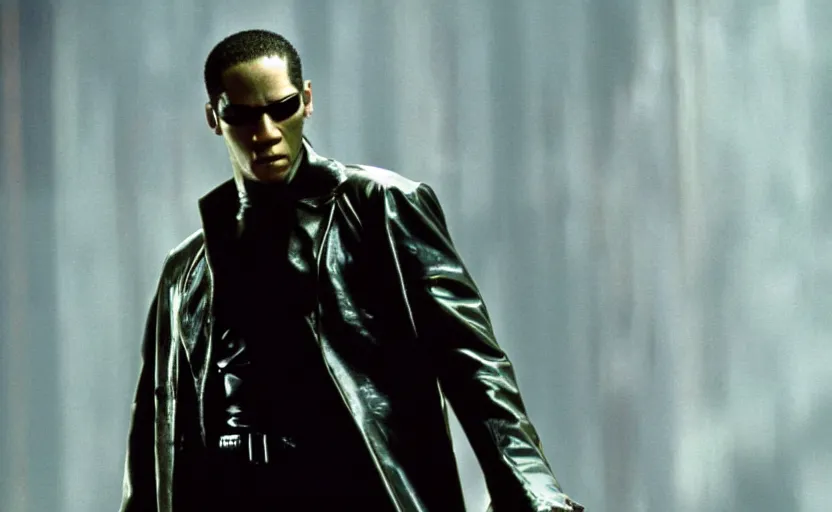 Image similar to film still of Goldie MBE as Neo in The Matrix, 8k,