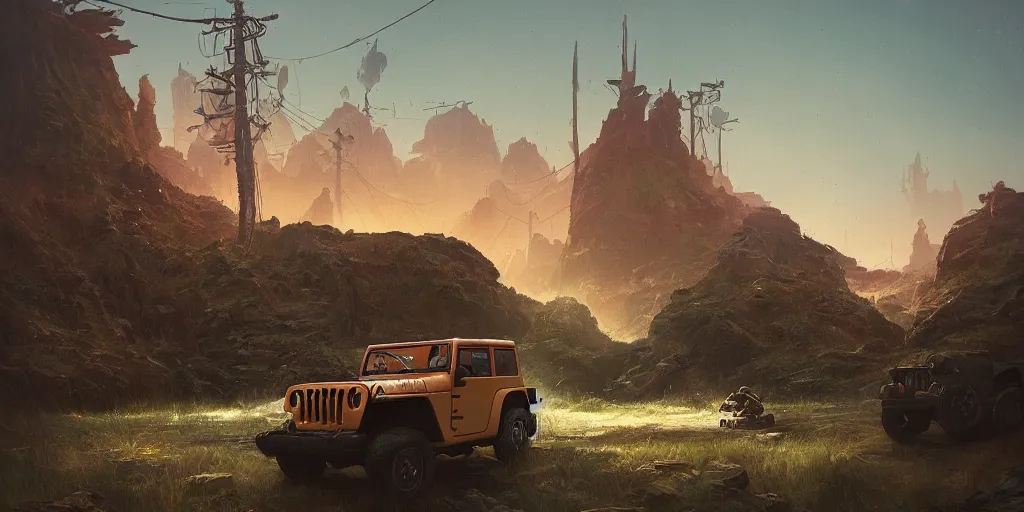 Prompt: Jeep Willys, an epic fantasy, dramatic lighting, cinematic, establishing shot, extremely high detail, photorealistic, cinematic lighting, artstation, by simon stalenhag, horizon forbidden west