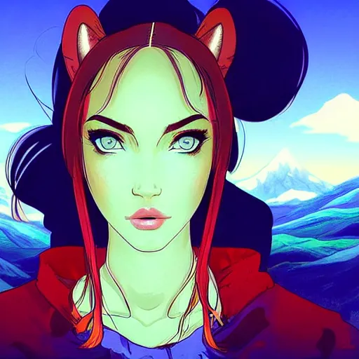 Prompt: “Megan Fox, portrait!!! Mononoke-hime style, cartoon, blue sky with white clouds green hills and mountains on the background, fantasy, photorealistic, concept Art, ultra detailed portrait, 4k resolution”