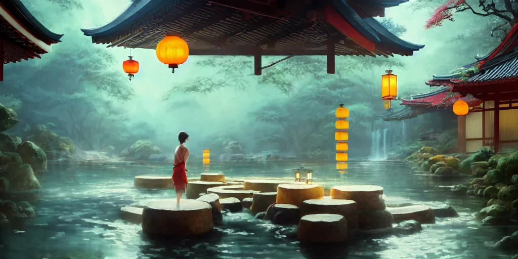 Prompt: painting of private magical onsen next to japanese inn with levitating lanterns and dragon spirits by greg rutkowski craig mullins ross tran cozy hot springs bonsai zen garden steamy flowers japanese motifs concept art clear focus fantasy d & d cinematic lighting unreal engine lumen trending on artstation