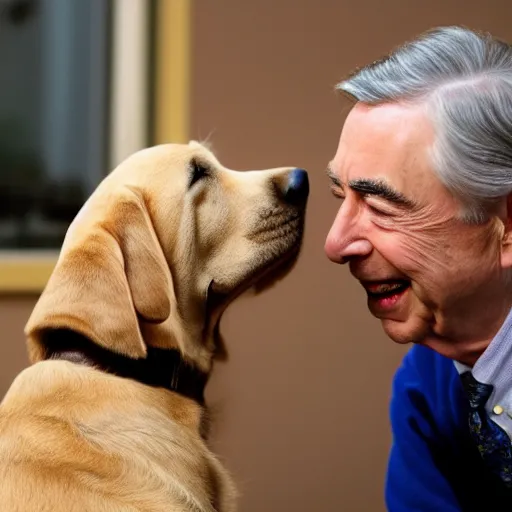 Image similar to Fred Rogers petting a golden lab dog, 4k, award winning photo