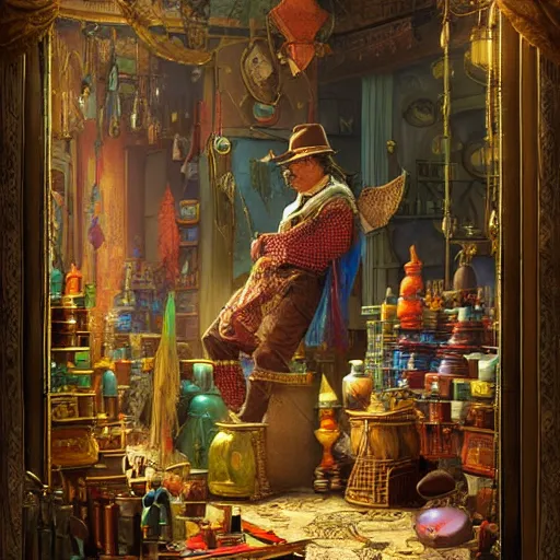 Image similar to A Anthropomorphized parrot trader in his shop, selling his wares, items, gold, carpet, window, D&D, fantasy, intricate, cinematic lighting, highly detailed, digital painting, artstation, concept art, smooth, sharp focus, illustration, art by Akihiko Yoshida, Greg Rutkowski and Alphonse Mucha