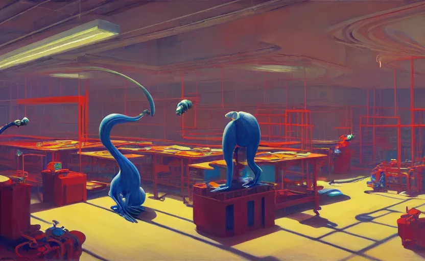 Prompt: Inside a toy factory, very coherent, Houdini algorithm generative art, painted by Edward Hopper, Wayne Barlowe, painted by James Gilleard, airbrush, art by James Jean