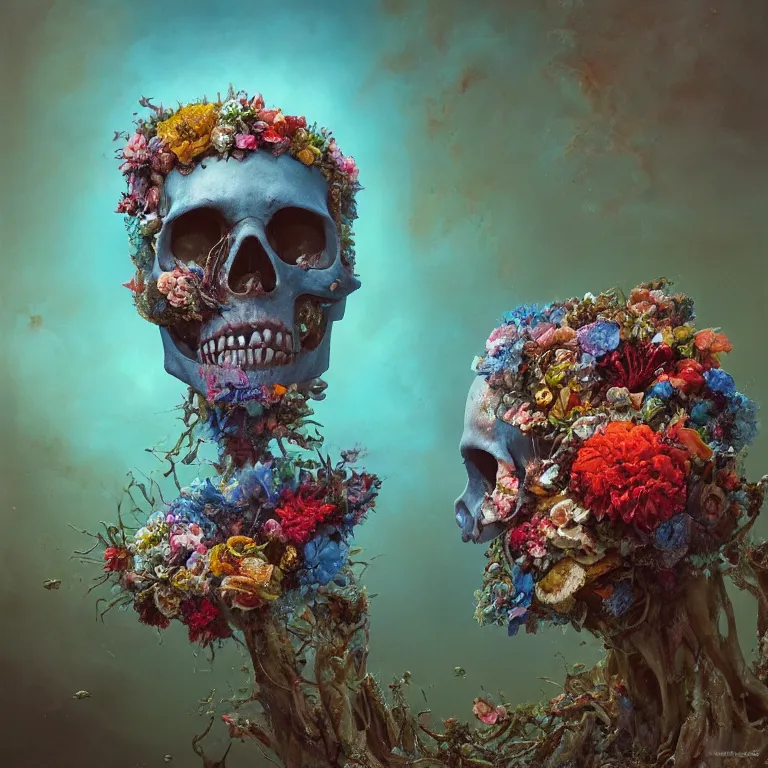 Image similar to A beautiful oil painting hyperrealism of a decayed head, rotting clay skin, skull bones, flowers, floral headdress, 8k resolution, octane render, Trending on artstation, by Gediminas Pranckevicius, volumetric light 2blue fractal Thunder glow by dan mumford, anaglyph effect, Laurie Lipton