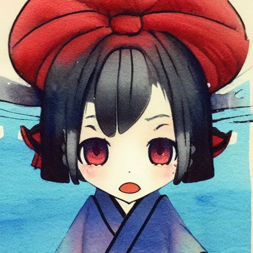 Image similar to beautiful water color concept art of face detailing cute nendoroid girl in the style of ukiyoe , toon rendering, close-up, no shade, modern art, kyoto animation