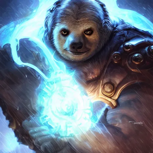 Image similar to portrait of sloth! as zeus the god of thunder, league of legends amazing splashscreen artwork, gears of war, splash art, natural light, elegant, photorealistic facial features, intricate, fantasy, detailed face, atmospheric lighting, anamorphic lens flare, cinematic lighting, league of legends splash art, hd wallpaper, ultra high details by greg rutkowski