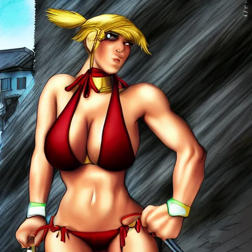 Prompt: Street Fighter woman in bikini armor by artgem
