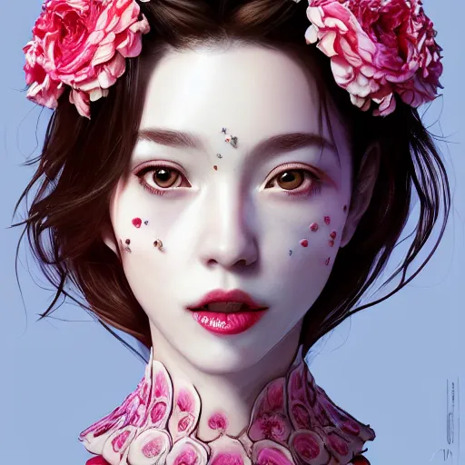 Prompt: the face of absurdly beautiful, graceful, elegant, sophisticated, sensual mature gravure idol made of strawberries and white pink petals with tears, an ultrafine photorealistic illustration by kim jung gi, irakli nadar, intricate linework, bright colors, octopath traveler, final fantasy, unreal engine highly rendered, global illumination, radiant light, intricate environment