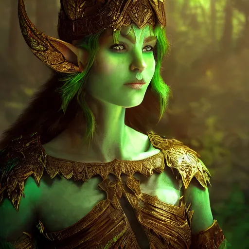 Image similar to portrait elf warrior in the forest, glowing, ornate and intricate green armour, jaw dropping beauty, glowing background lighting, green accent lighting, hyper detailed, fairy tale, 4 k octane render