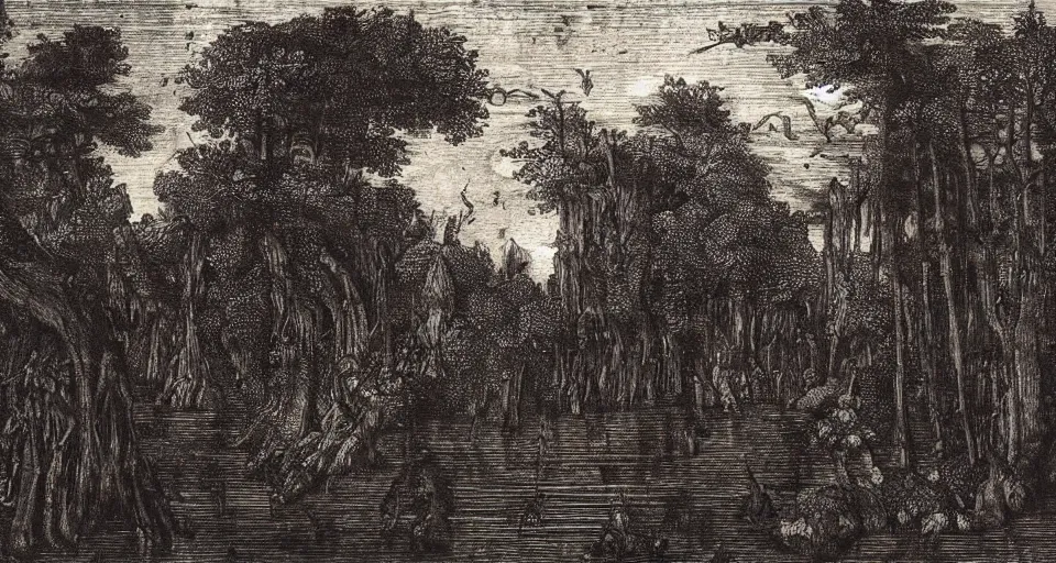 Image similar to A dense and dark enchanted forest with a swamp, by Leonardo da vinci