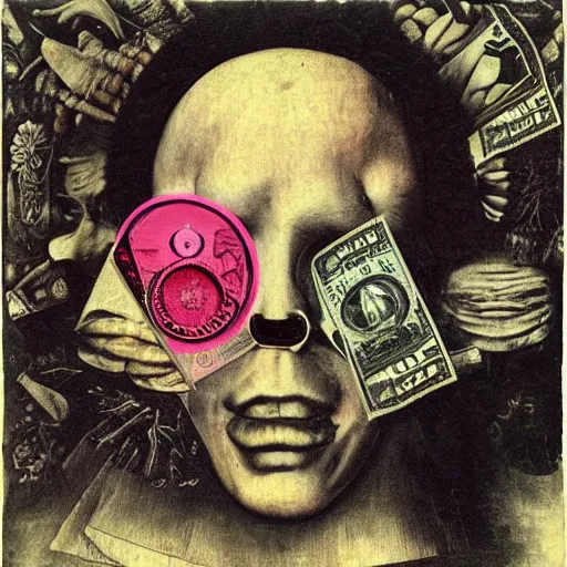 Image similar to post - punk new age album cover, asymmetrical design, dollar bank notes, capitalism, magic, apocalypse, psychedelic, black white pink, magic, giger h. r., giuseppe arcimboldo