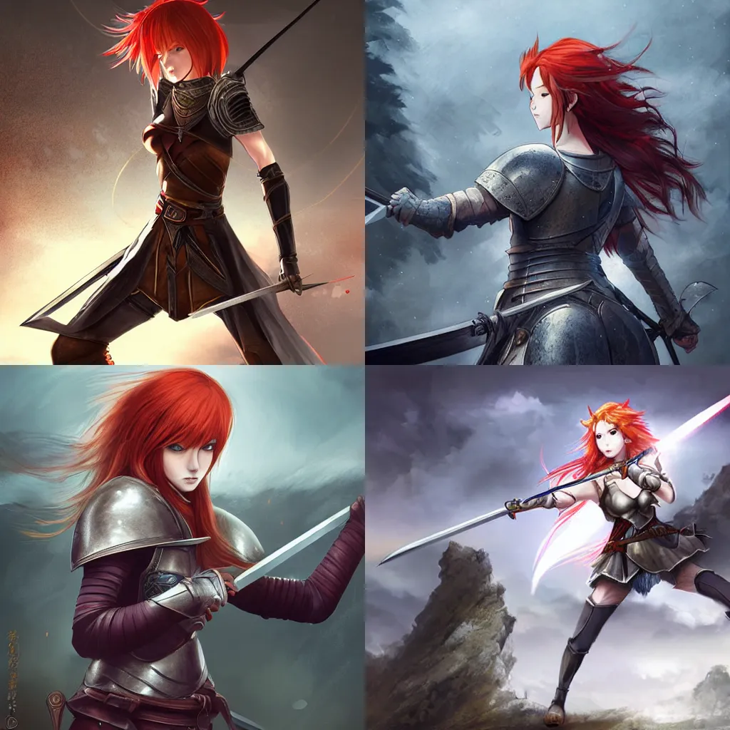 Prompt: A redheaded female swordswoman in lightweight armor, drawing her sword and aiming at her target, standing at the top of a hill. Dark fantasy anime, digital painting by WLOP.