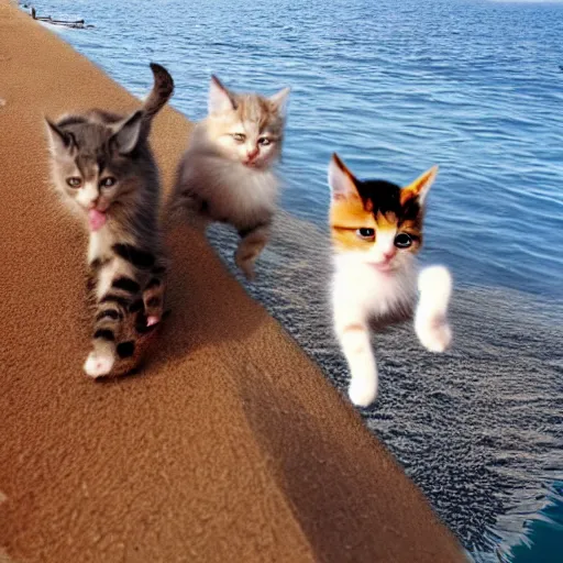 Prompt: cute kittens jumping around chasing butterflies in the red sea