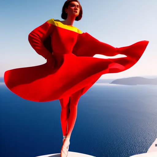 Image similar to beautiful modern dancer wearing a red and yellow and blue swirling dress, standing on a Santorini terrace looking down into the ocean, trending on Artstation, cinematic, octane render