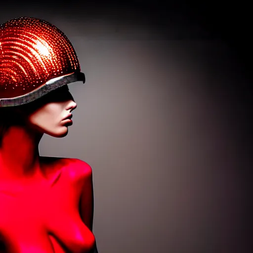 Image similar to female fashion model in year 3000 in a cave, model wearing a surreal Avant-garde helmet in red, dramatic lighting,photography , official Versace editorial , highly detailed