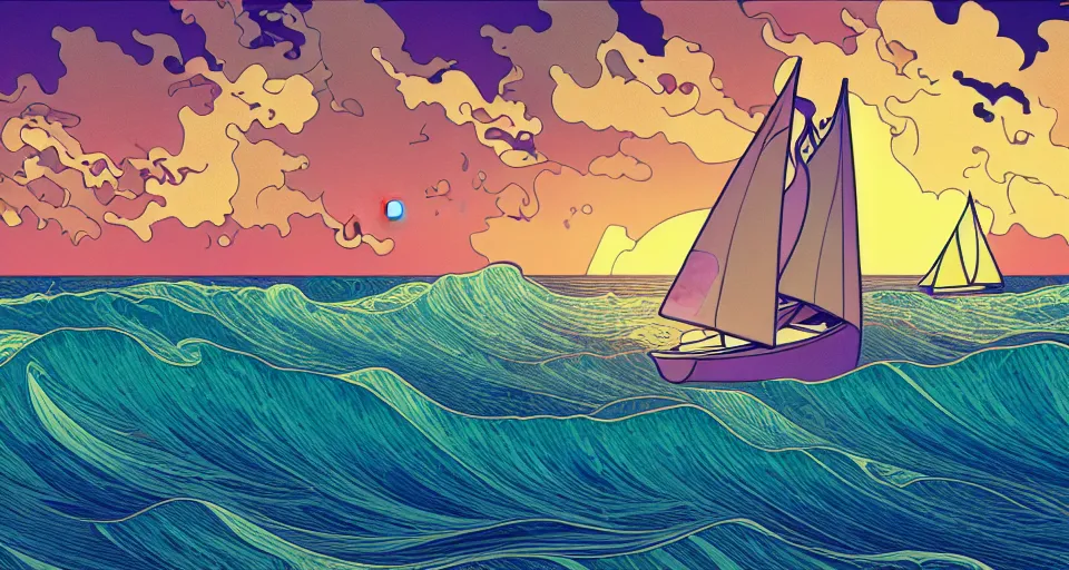 Prompt: [ palate ] [ muted colors ] sublime psychedelic ocean waves, sailboat in rough seas, paisley skies, backlit, sunrise, refracted lighting, outdoors, paisley patterned clouds in the sky, elegant, 8 k resolution, intricate and fine details, award wining composition, photorealistic illustration, artstation, mario martinez, alphonse mucha