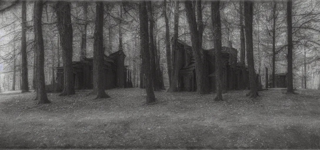 Prompt: monastery in the wood, detailed black wolf guarding, pinhole analogue photo quality, blur, unfocus, cinematic, 35mm