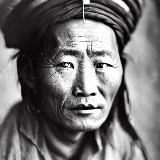 Prompt: ultra realistic vintage photo portrait of a tibetan man with a big hole on the forehead, by Annie Leibovitz,