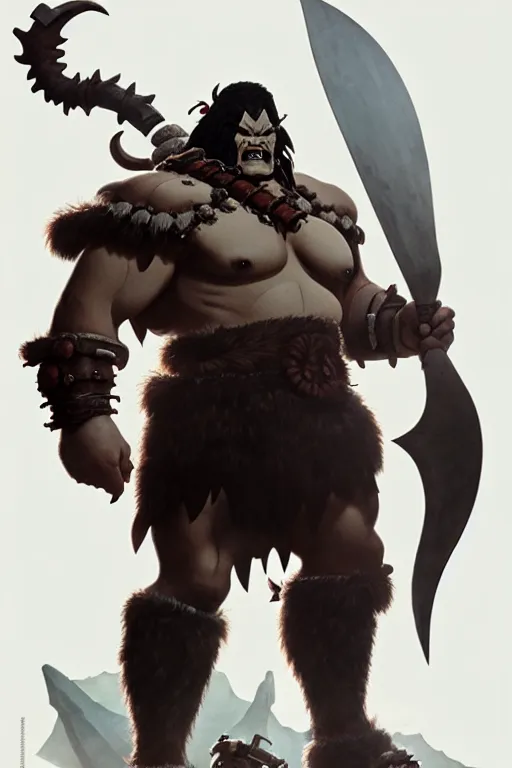 Image similar to orc barbarian wearing leather armor, full body shot, exquisite details, earth magic, mid view, design on a white background, by studio muti, greg rutkowski, makoto shinkai, takashi takeuchi, studio ghibli