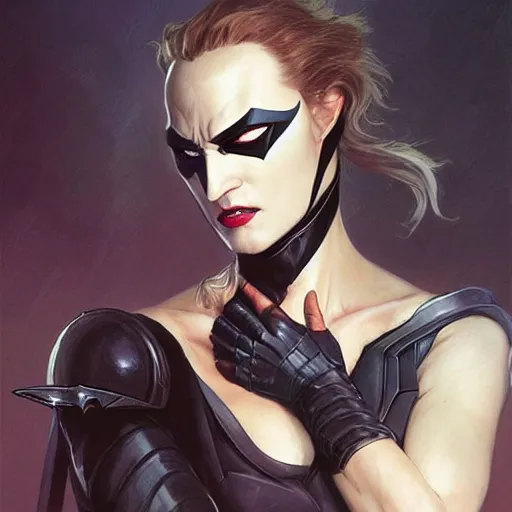 Image similar to “ daria strokous as batman villainess with evil grin, intricate, elegant, highly detailed, digital painting, artstation, concept art, smooth, sharp focus uhd 8 k, art by artgerm and greg rutkowski and alphonse mucha ”