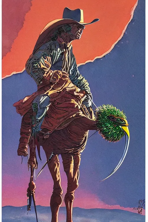 Image similar to tough cowboy riding an emu bird, scifi, art by jean giraud, moebius, juan gimenez, in watercolor gouache detailed paintings, in style of syd mead, colorful comics style, artstation