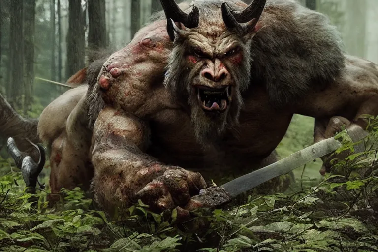 Image similar to vfx movie closeup detailed ancient warrior orc hunting elk in the forest, natural lighting by emmanuel lubezki