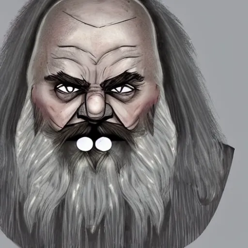 Prompt: concept art of old angry dwarf with white beard and hair, wearing wolf pelt, with runic geometry face tattoos