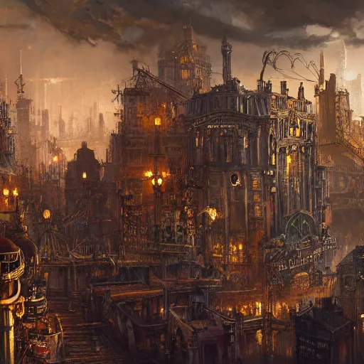 Prompt: artstation concept of a city inspired by steampunk, with numerous steampunk historic elements from industrial light and magic, bright colorful, gold, hyperdetailed, artstation trending, world renowned artists, worth1000.com, historic artworks society, antique renewel, cgsociety, by greg rutkowski, by Gustave Dore, Deviantart